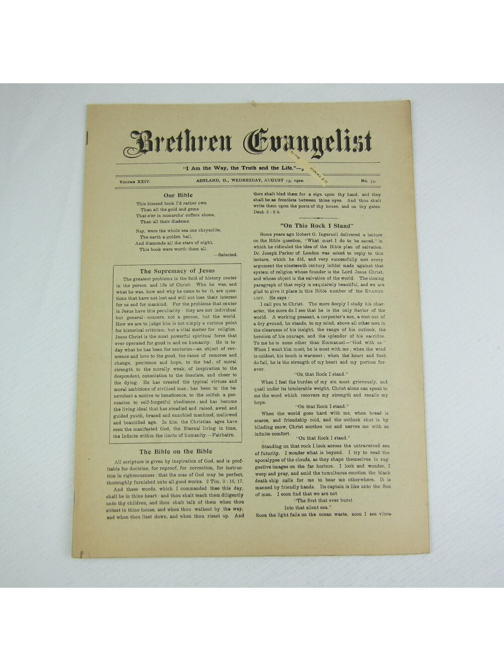Brethren Evangelist Christian Newspaper Ashland Ohio Antique August 13th 1902